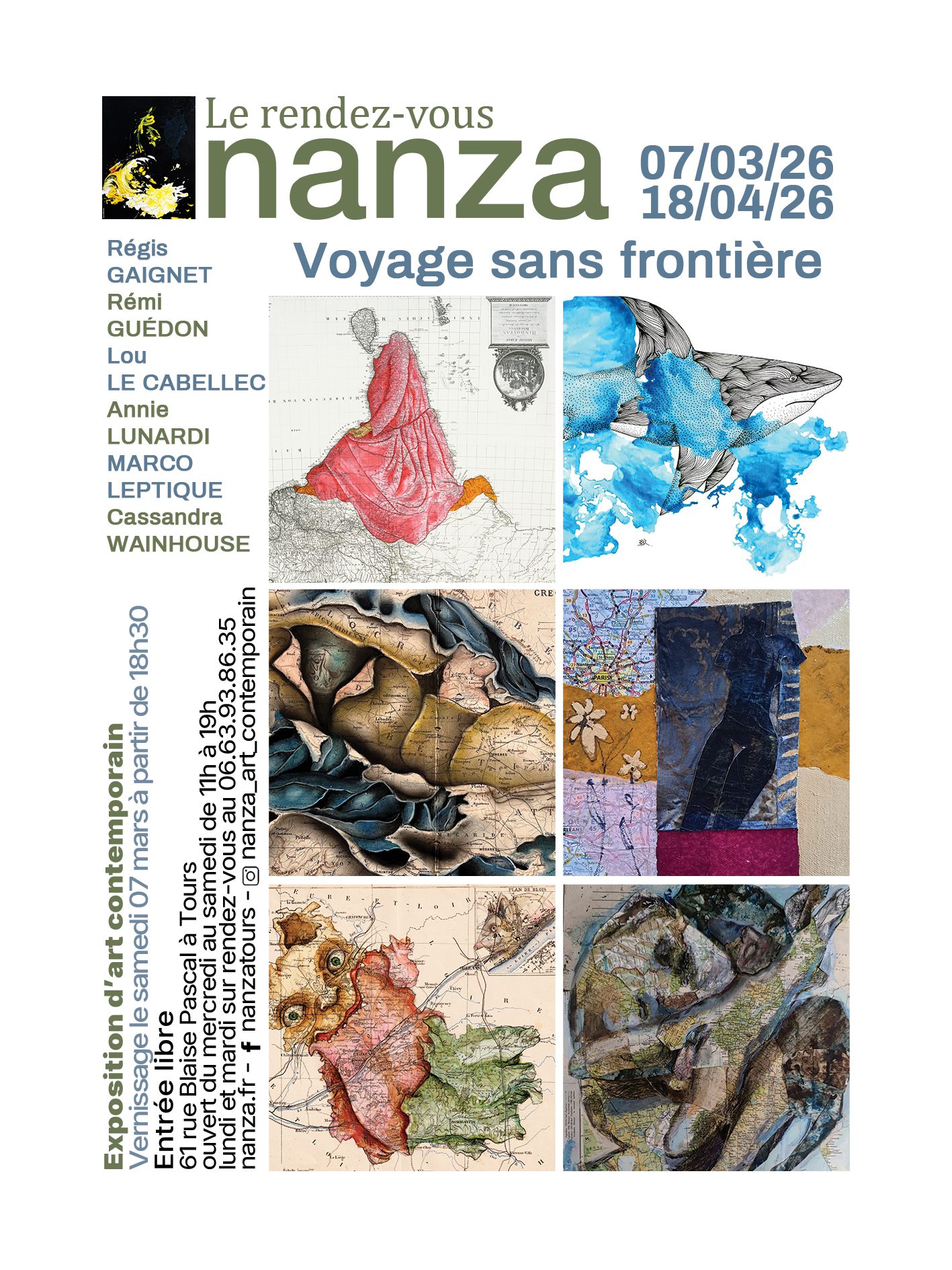 Le Rendez-Vous NANZA - Création de l'affiche et du flyer pour Le Rendez-Vous Nanza « Voyage sans frontière », exposition collective, du 07/03/26 au 18/04/26., 2026